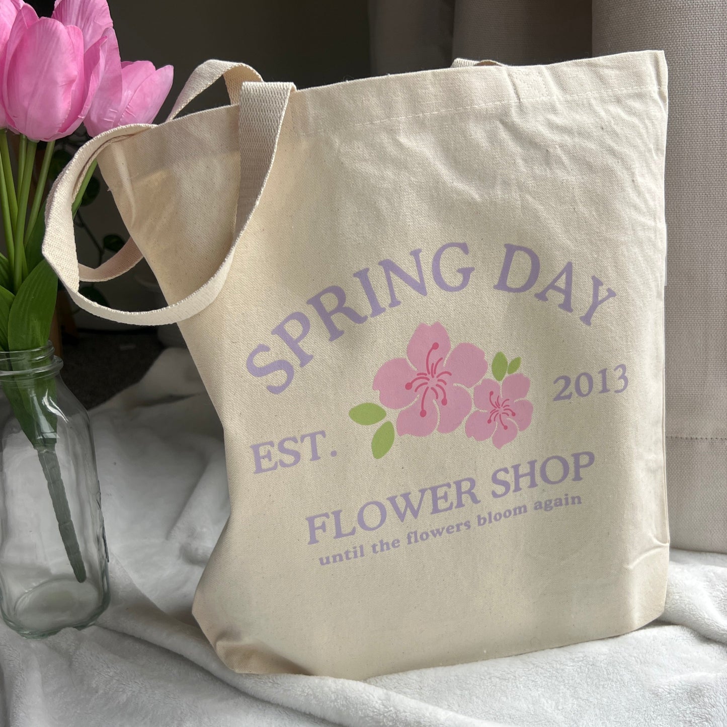 spring day flower shop cotton tote bag