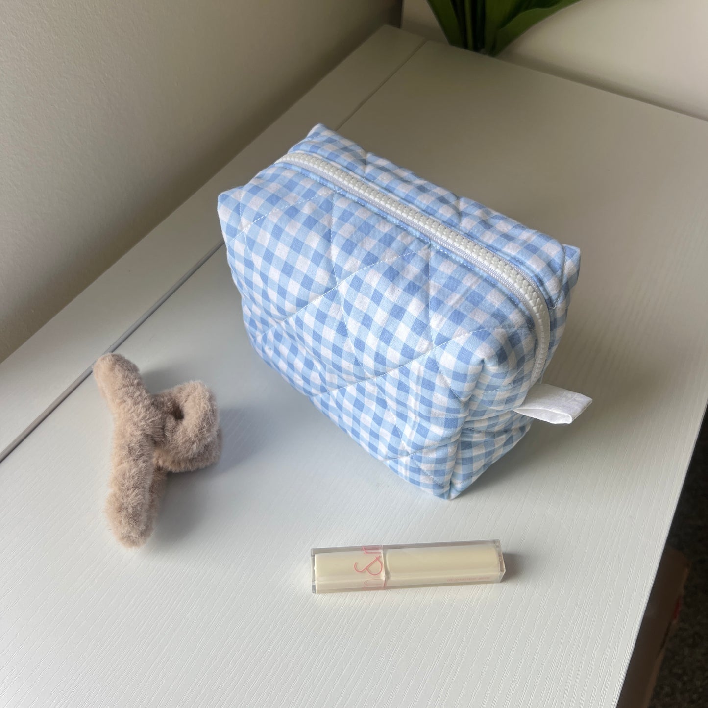 blue side quilted makeup bag - embroidery option