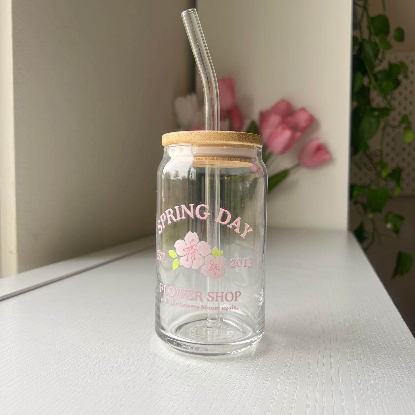 spring day flower shop 16oz glass can